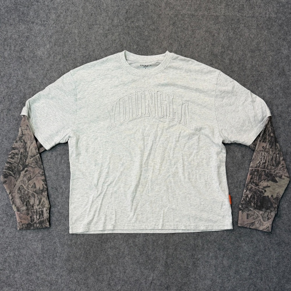 YoungLA Oatmeal Gray Short Sleeve Tree Camo Twofers T-Shirt Men's Size Small